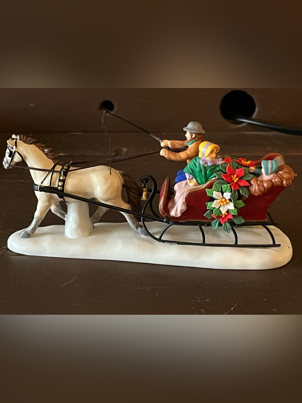 Department 56 White and green ceramic horse drawn sleigh figurine